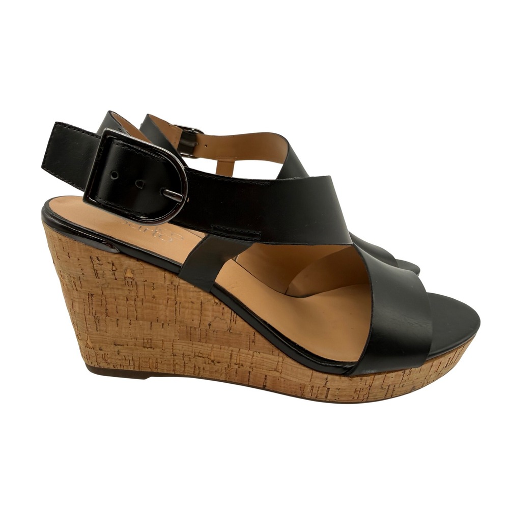 Franco Sarto Wedge Sandals Womens 9.5 Black Excellent Cork Heel Buckle Strap